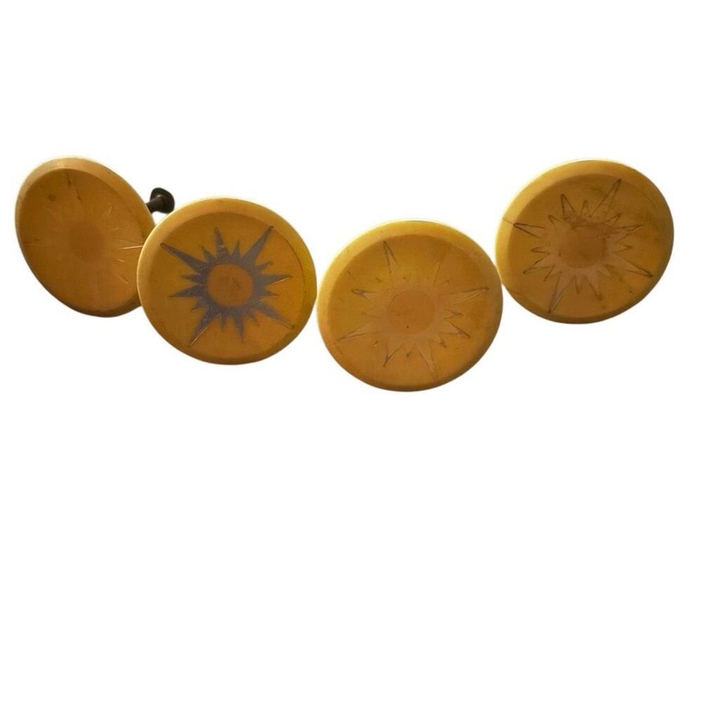 Vintage Mid Century Yellow Starburst Cabinet Knobs Drawer Pulls Lot of 4 Plastic